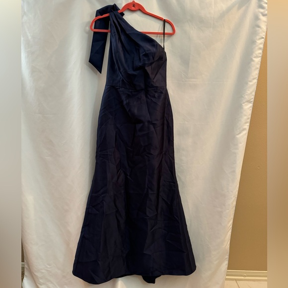 Alfred Sung Bow One Shoulder Satin Trumpet Gown Midnight Navy Size 12 - Picture 2 of 10